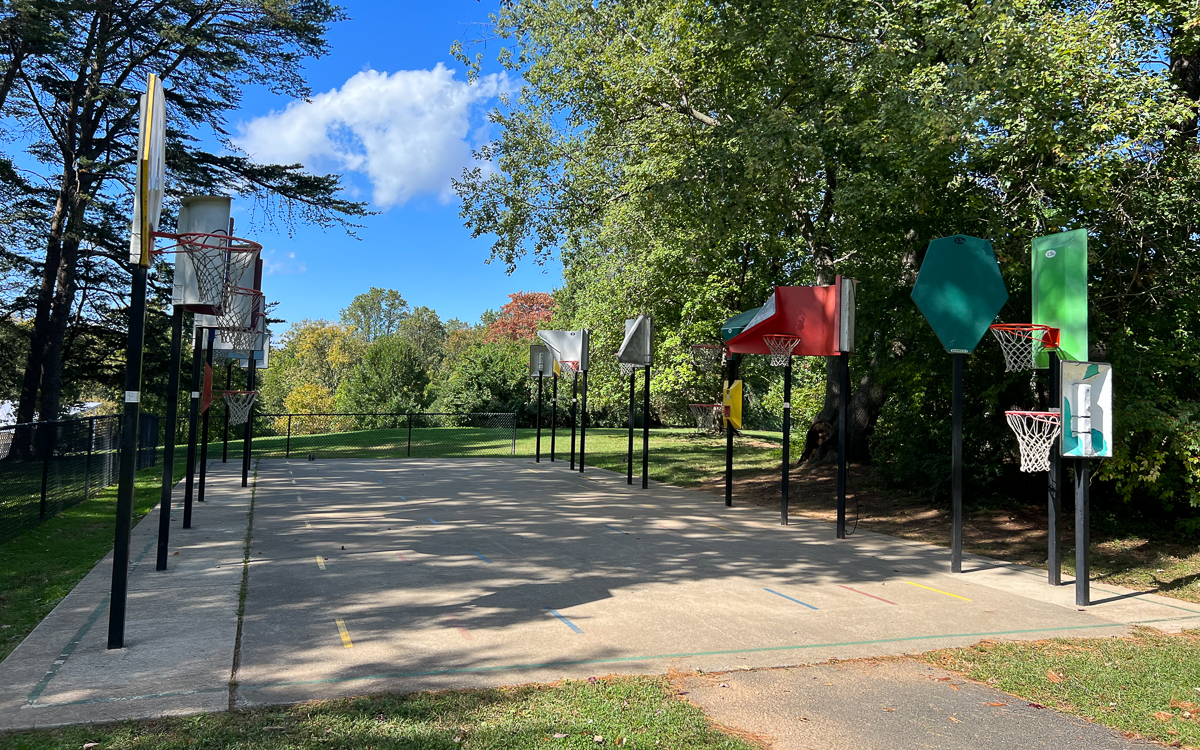 Outdoor basketball court with multiple backboards and hoops of different colors and sizes surrounded by trees and greenery on a sunny day.