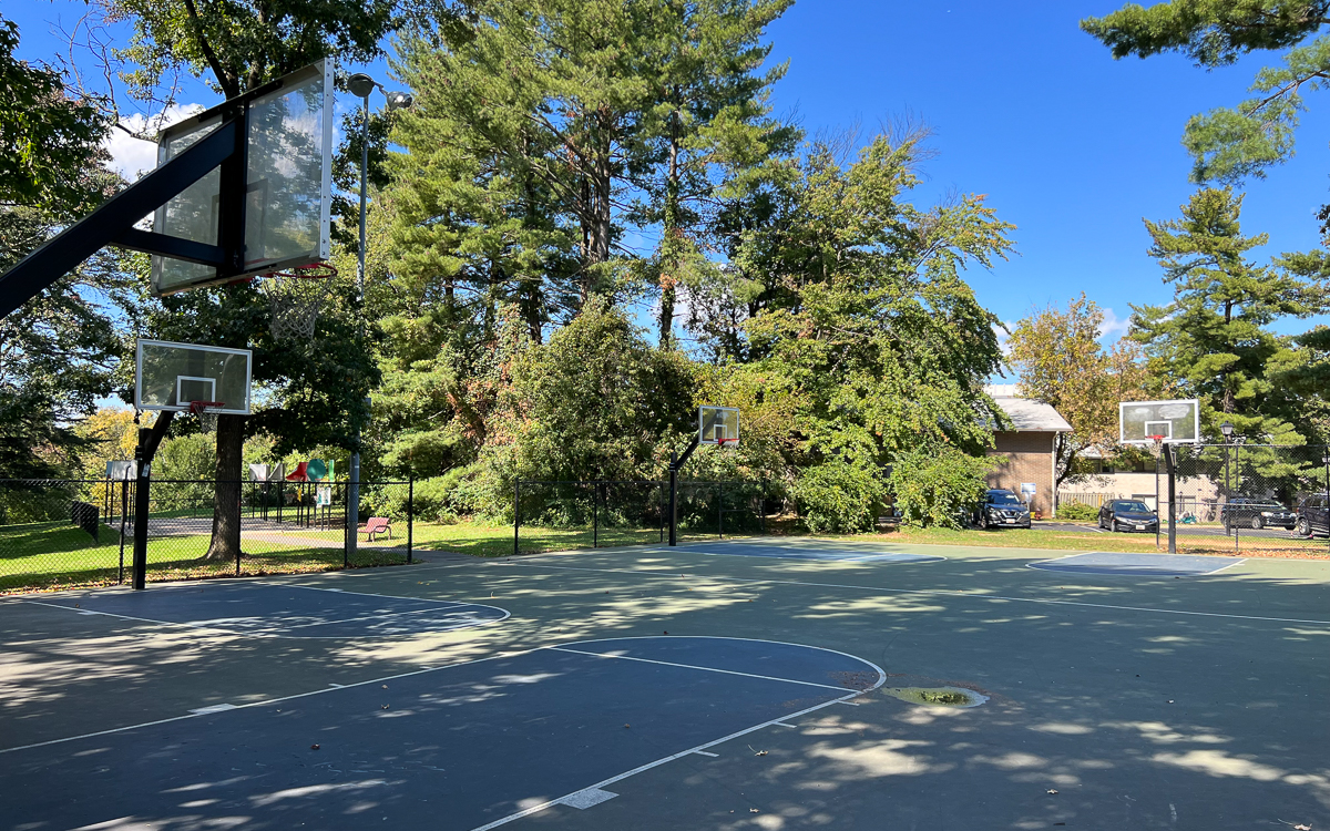Outdoor basketball court with four hoops, surrounded by trees and a fence, under a clear blue sky on a sunny day.