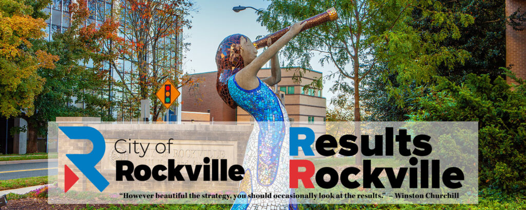Mosaic sculpture of a woman playing a flute stands near trees and a City of Rockville sign, overlaid with the text "City of Rockville" and "Results Rockville.”.