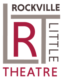 Logo for Rockville Little Theatre with large stylized letters "RLT" and the full name arranged around them in brown and red text on a white background.