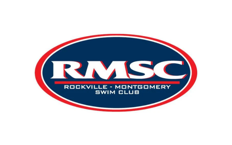 Logo for Rockville Montgomery Swim Club (RMSC), featuring the acronym "RMSC" and the club's full name inside a blue oval with red and white borders.