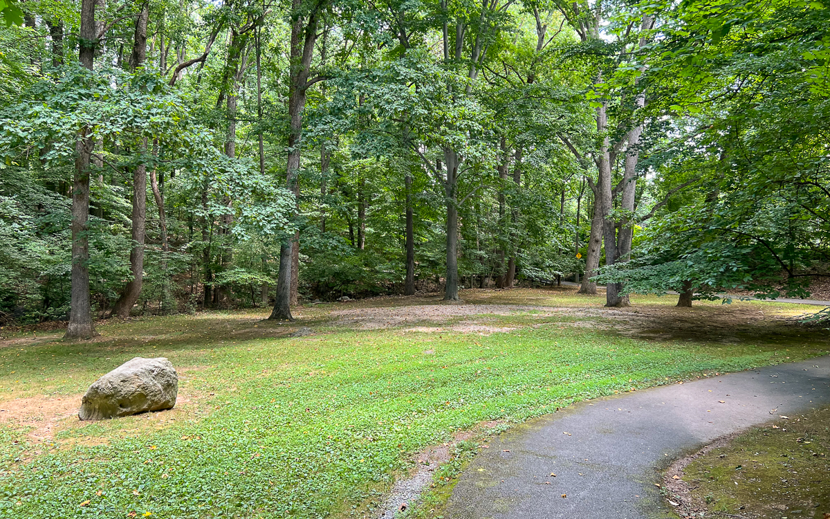 A paved path curves through a grassy area with scattered trees and a large rock in a wooded park setting.