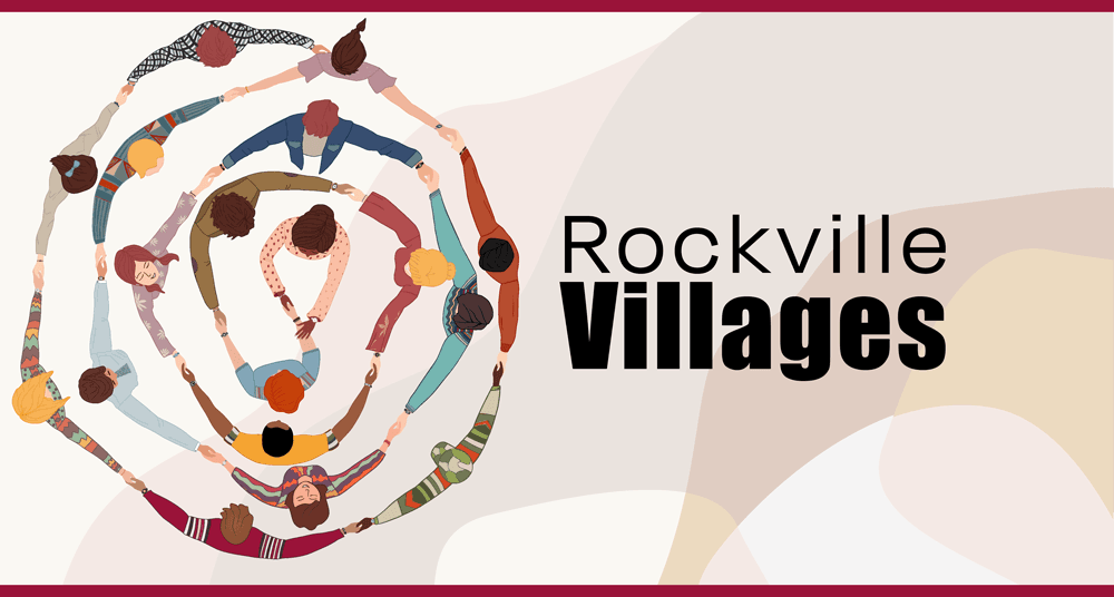 Illustration of diverse people holding hands in concentric circles, with the text "Rockville Villages" on the right side.