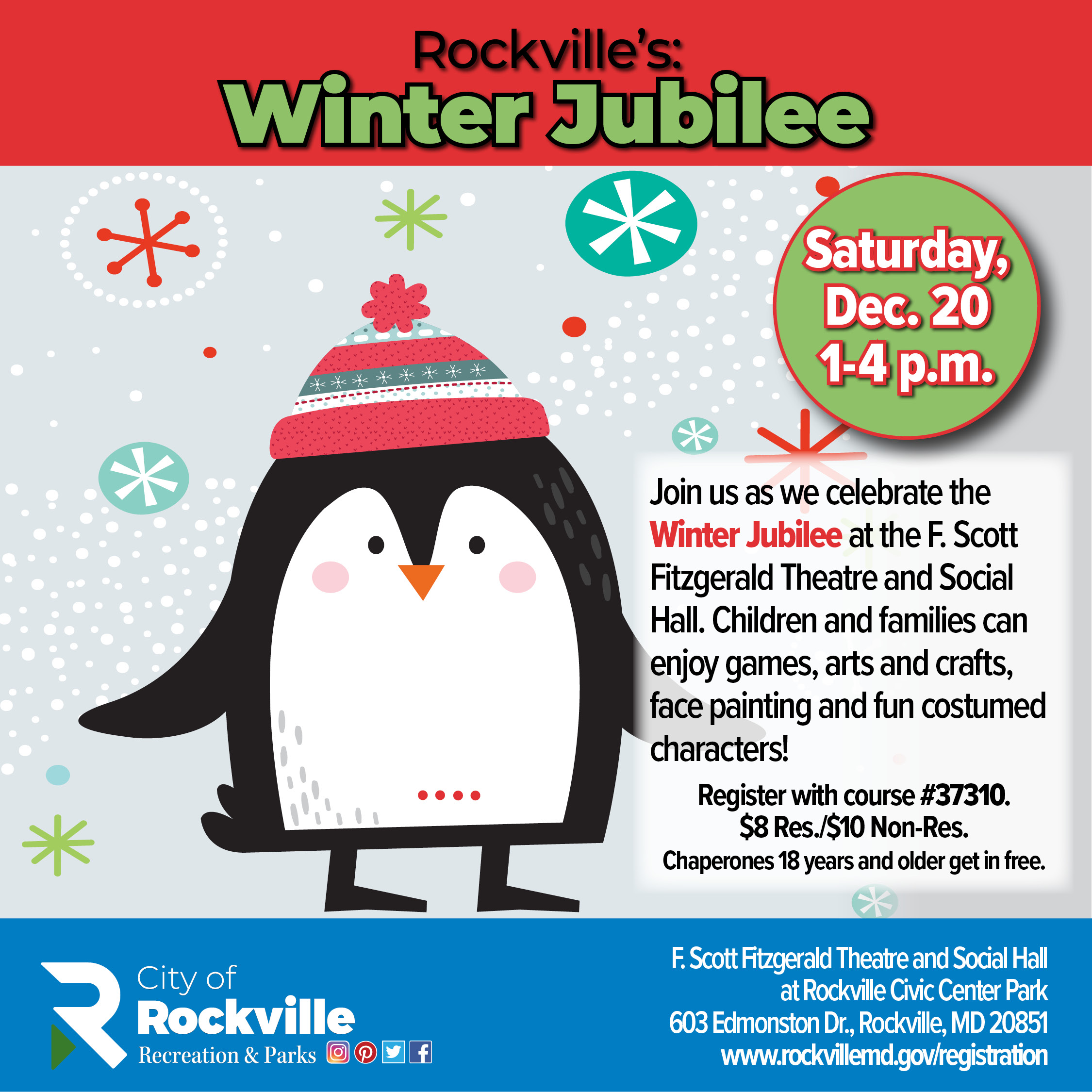 A festive penguin stands on a snowy background with event details for Rockville's Winter Jubilee, featuring games, crafts, and costumed characters on December 20, 1-4 p.m.