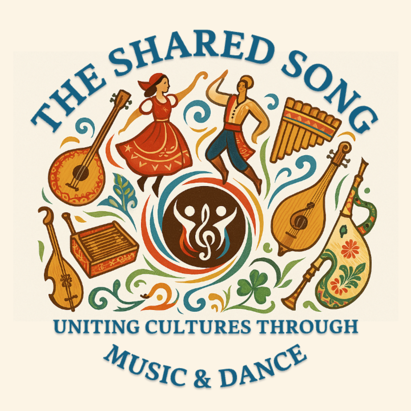 Illustration of a woman and man folk dancing, surrounded by traditional musical instruments, with text 