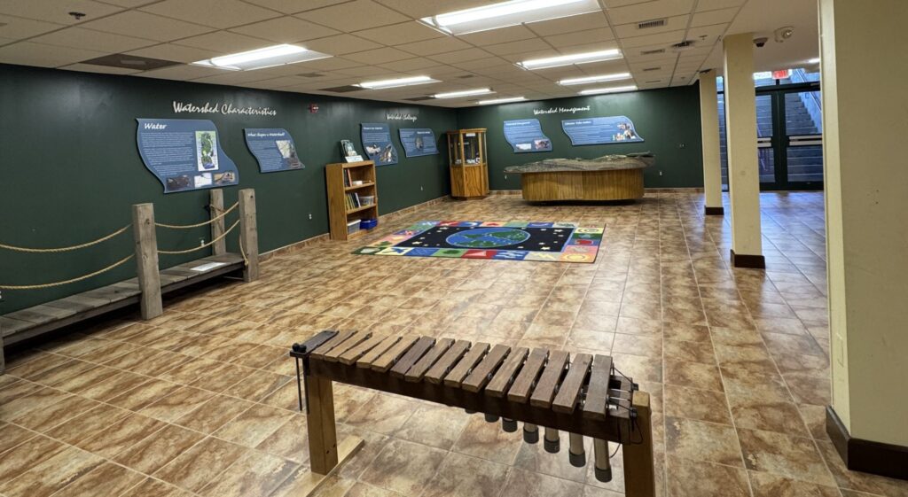 Exhibit room with educational displays on the walls, a colorful rug in the center, a wooden xylophone in the foreground, and tiled floors.
