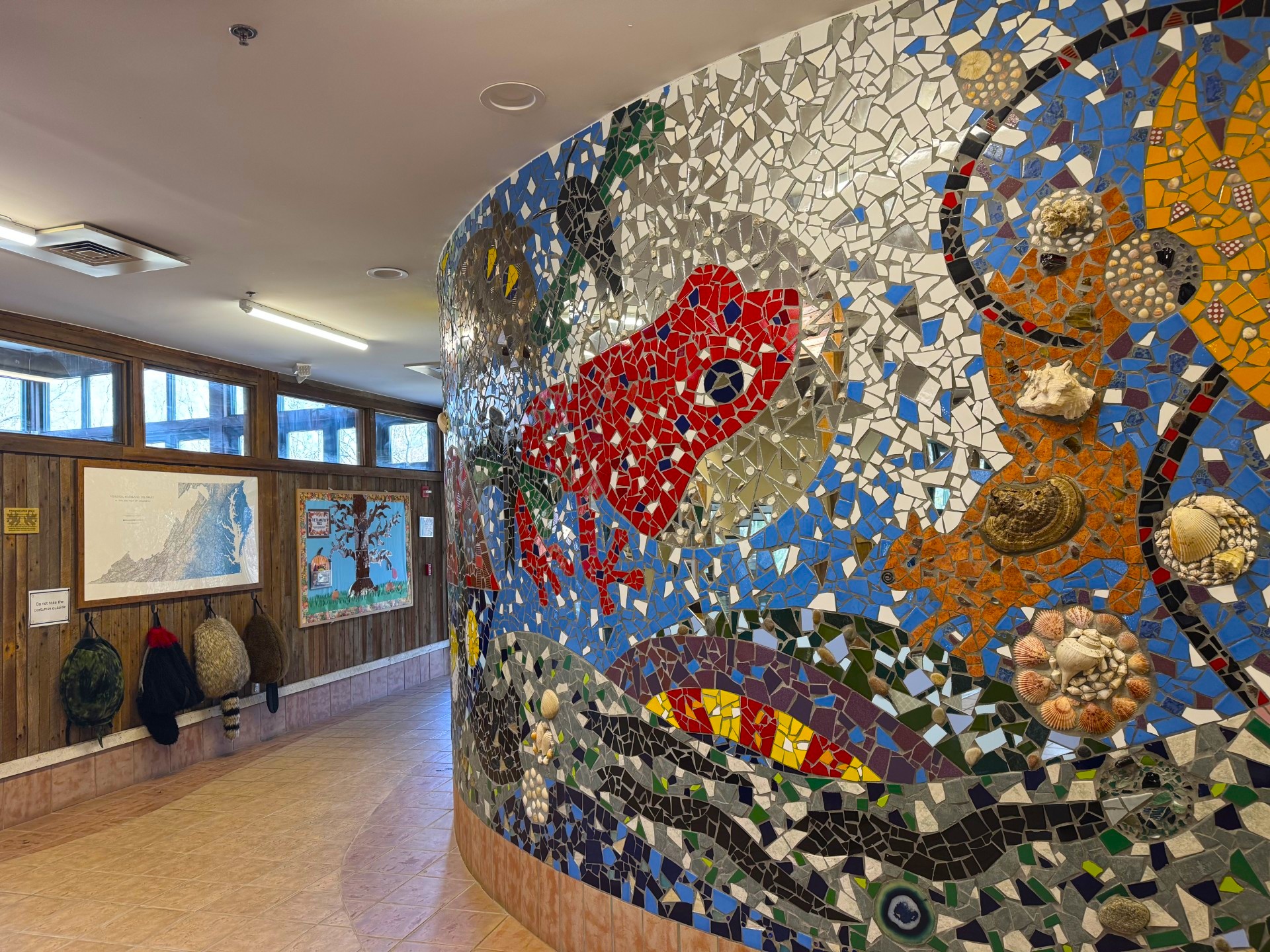 A hallway with wooden walls and coats hanging, featuring a curved mosaic wall depicting a red frog, water, and various animals and shells.