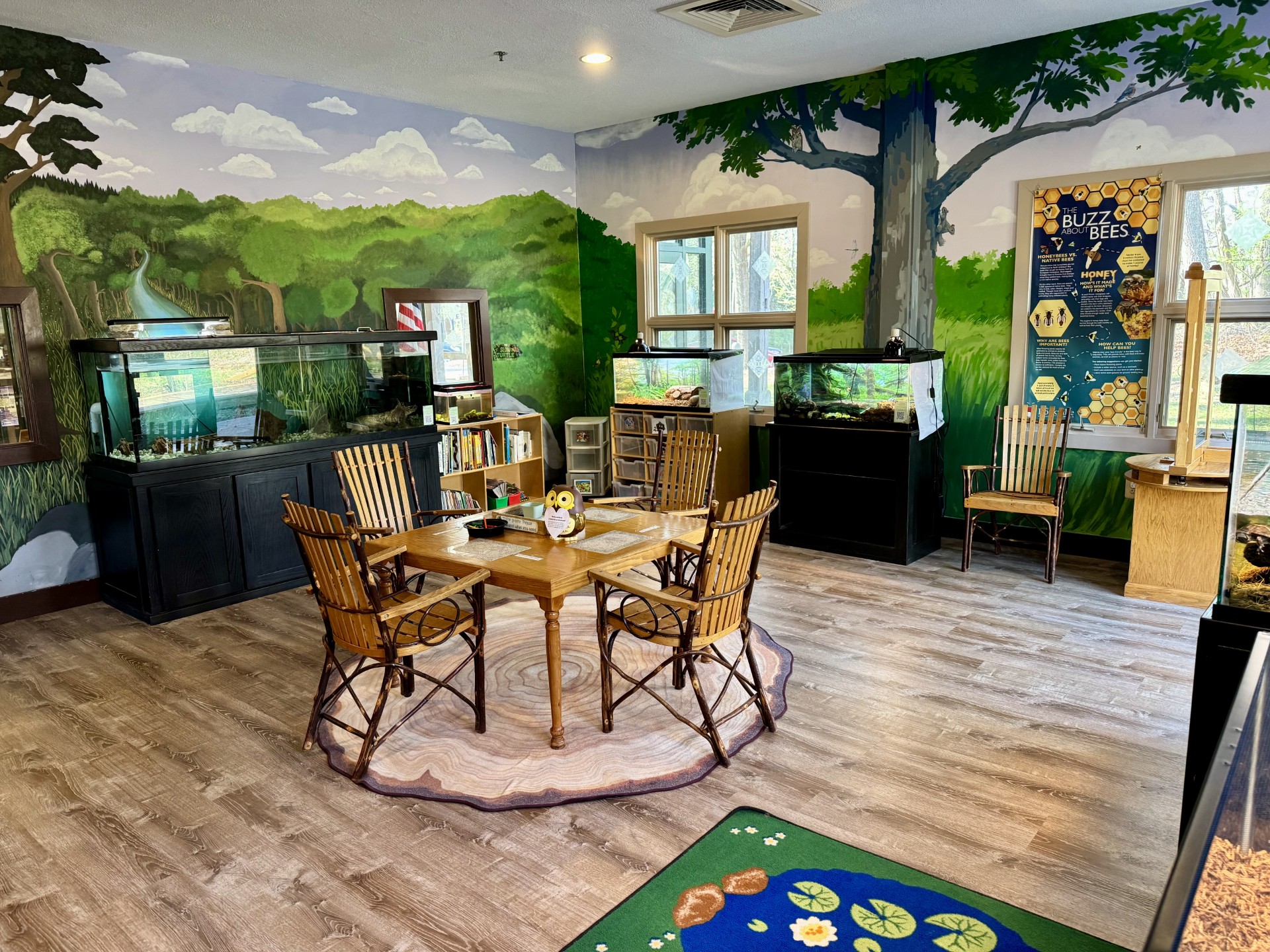 Nature-themed room with aquariums, wooden table and chairs, educational posters, and a mural of trees and grass on the walls.