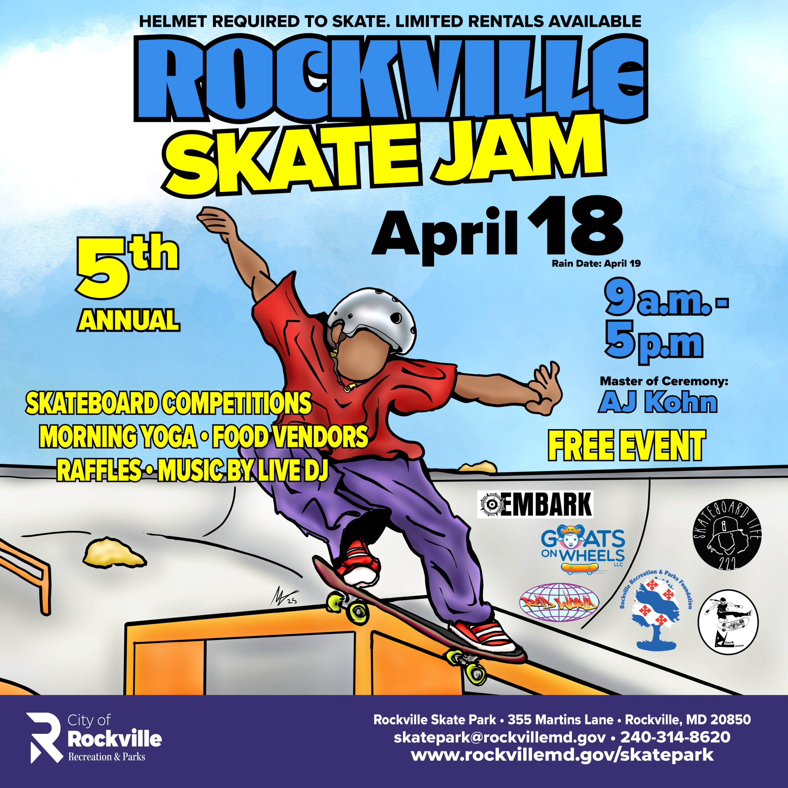Event flyer for the 5th Annual Rockville Skate Jam on April 18, featuring skateboard competitions, yoga, food vendors, raffles, and more from 9am to 5pm.
