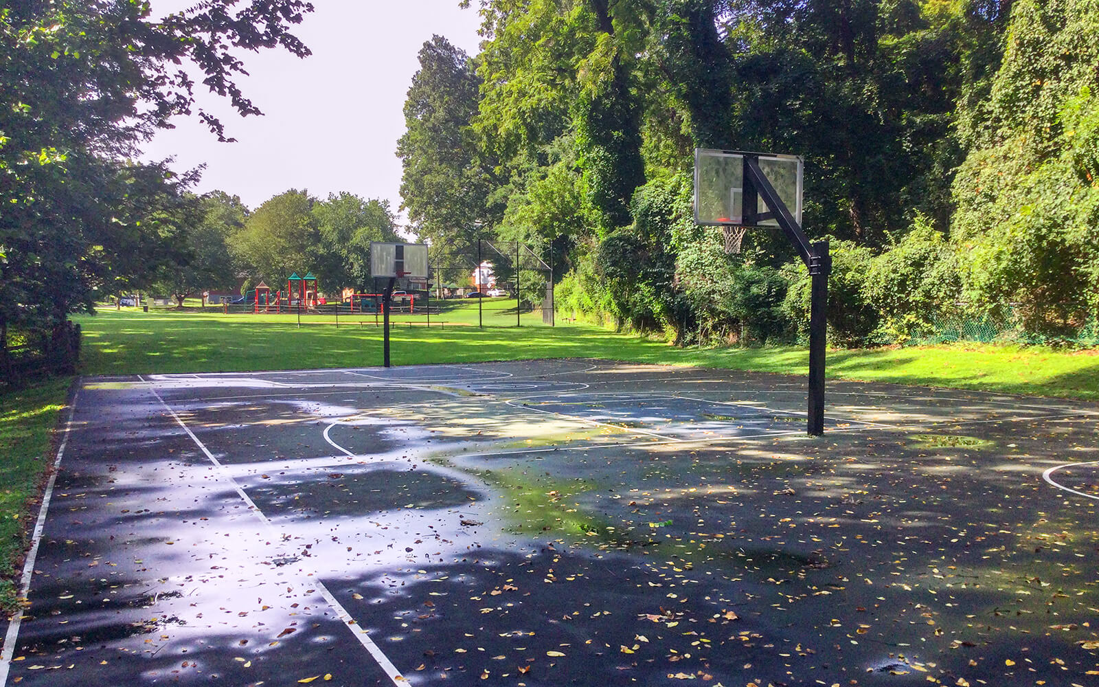 An outdoor basketball court with wet patches and fallen leaves, surrounded by trees, with a playground visible in the background.