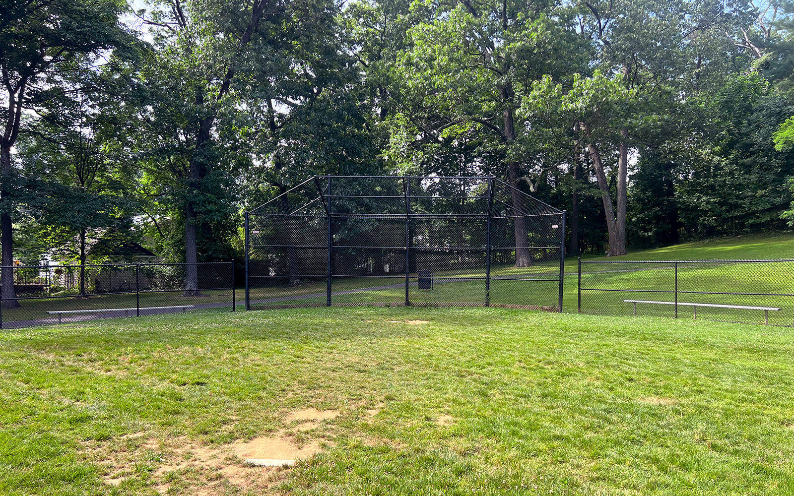A small baseball field with a backstop, chain-link fence, two benches, and green grass surrounded by trees.