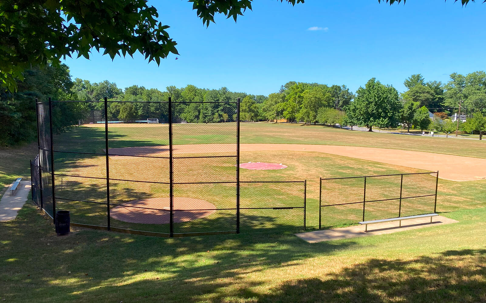 A baseball field with empty bleachers, surrounded by grass and trees under a clear blue sky.