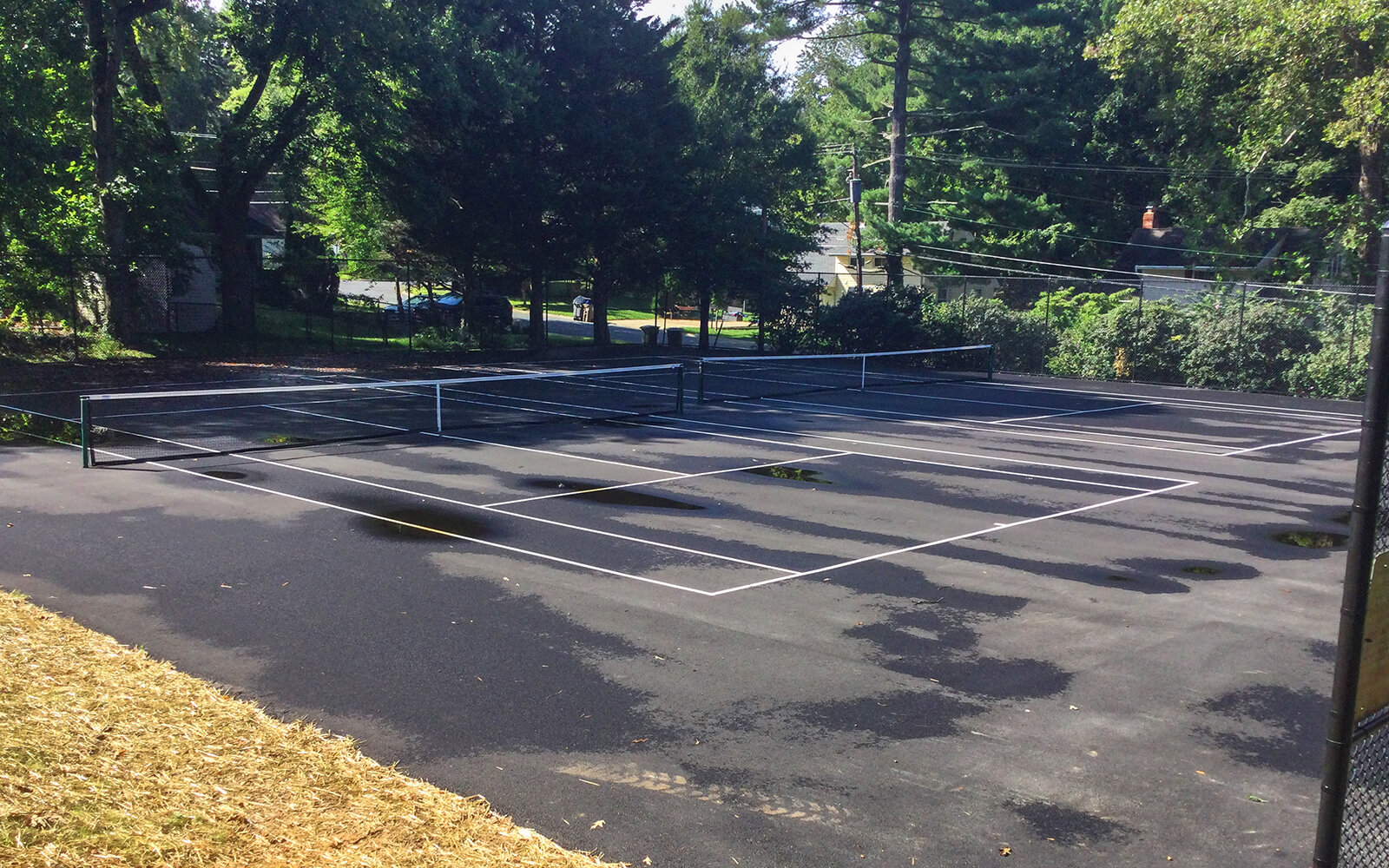 An outdoor tennis court with puddles of water on the surface, surrounded by trees and a chain-link fence, under daylight.