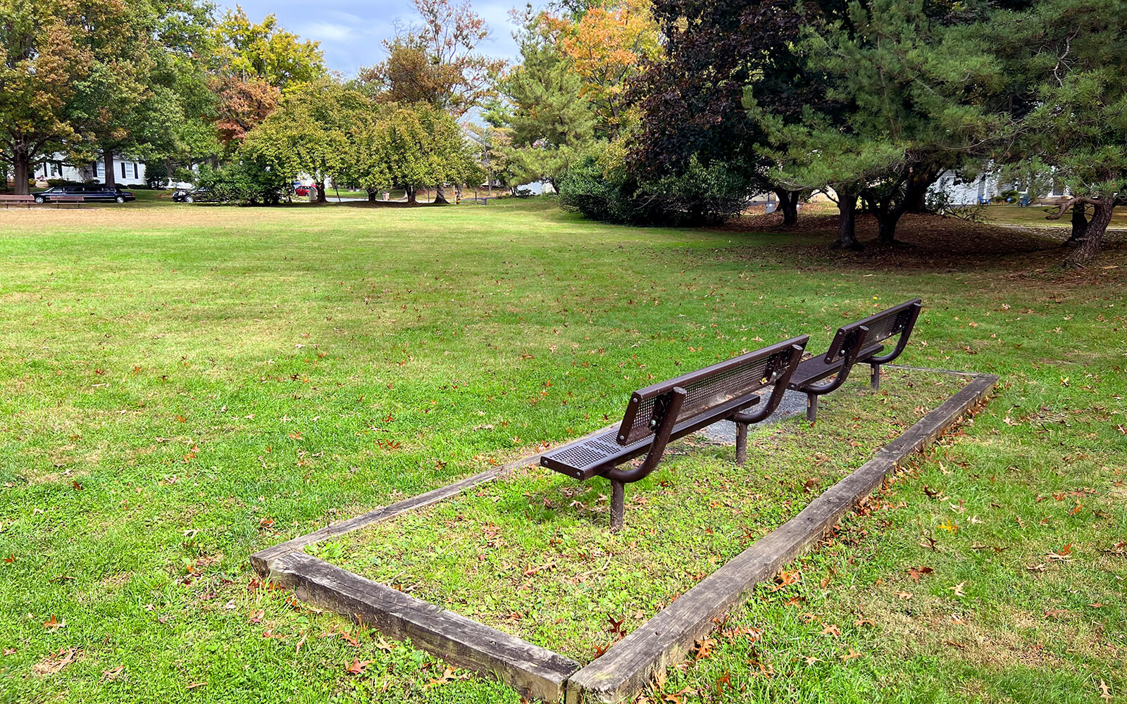 Three empty benches are arranged in a row on a grassy area in a park, surrounded by trees and open space.