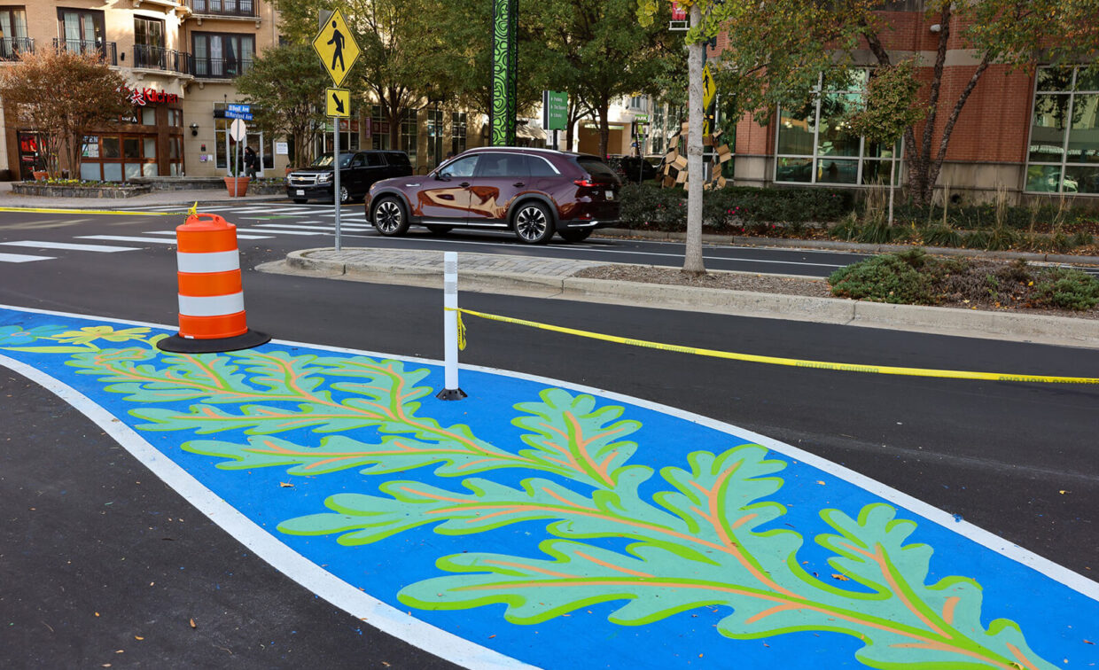 A street with a painted blue and green oak leaf design on the pavement, bordered by caution tape and a traffic barrel, with a car and buildings in the background.