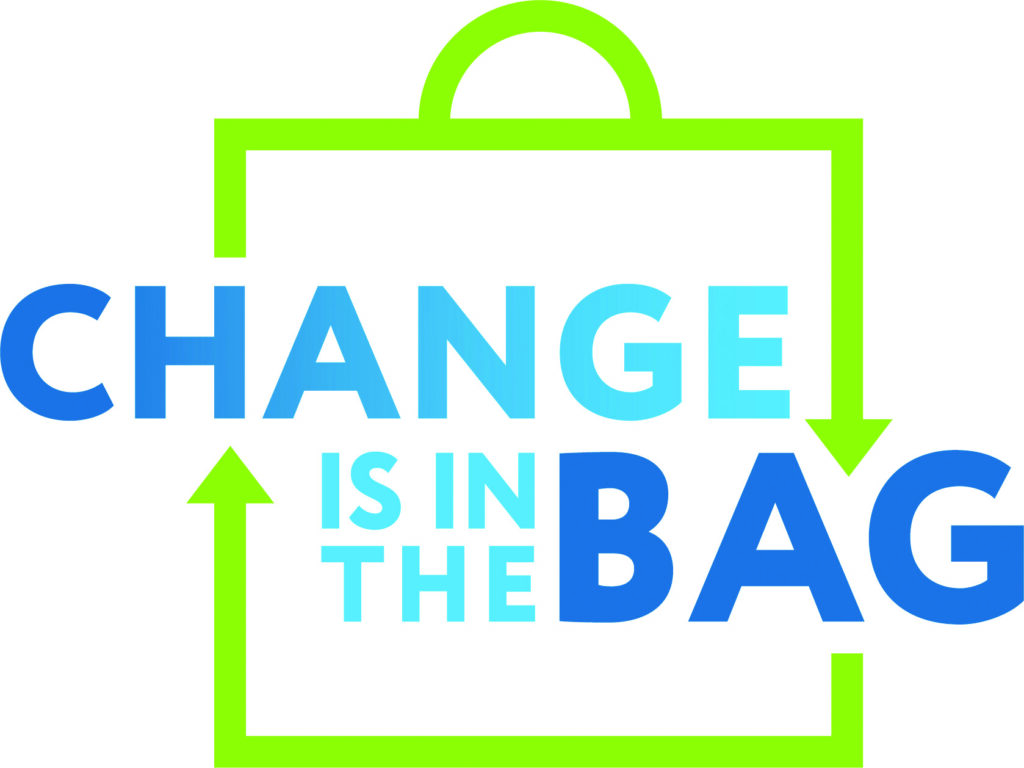 Text reads “CHANGE IS IN THE BAG” in bold blue letters within an outline of a shopping bag formed by green lines and arrows.