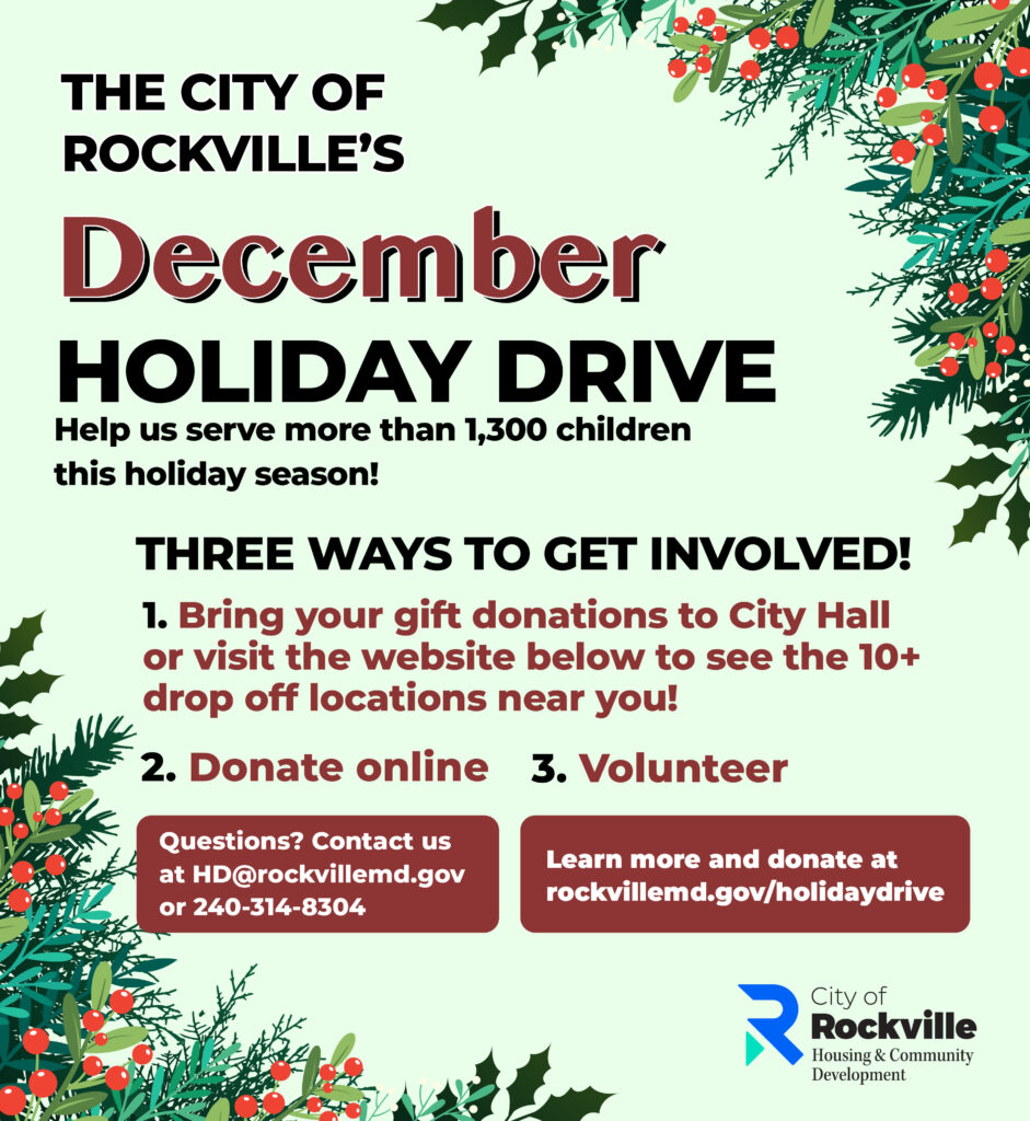Flyer for the City of Rockville's December Holiday Drive, outlining three ways to participate: gift donations, online donations, or volunteering. Contact and website details provided.
