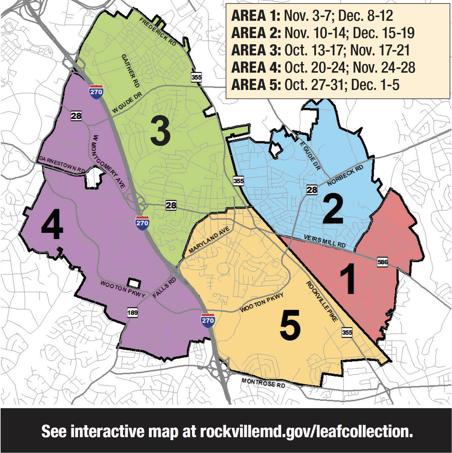 Map of Rockville, MD divided into five areas with specific dates for leaf collection in November and December; web link for interactive map provided at bottom.