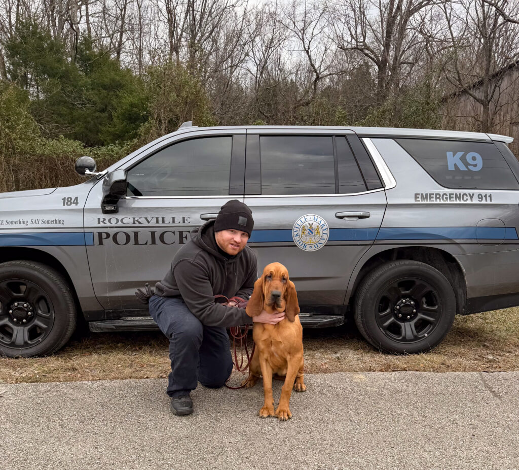 A police officer kneels next to a bloodhound in front of a Rockville City Police K9 SUV parked by a wooded area.
