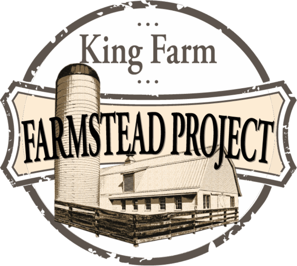 Circular logo for "King Farm Farmstead Project" featuring a barn, silo, and fence in sepia tones.