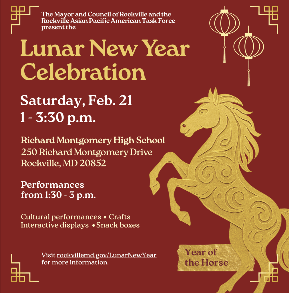 Lunar New Year Celebration event flyer with gold horse illustration, event details, and decorative lanterns on a red background.