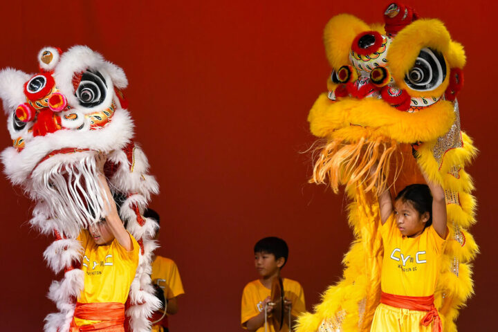 Children in yellow shirts perform a traditional lion dance on stage, holding up colorful lion costumes against a red background.