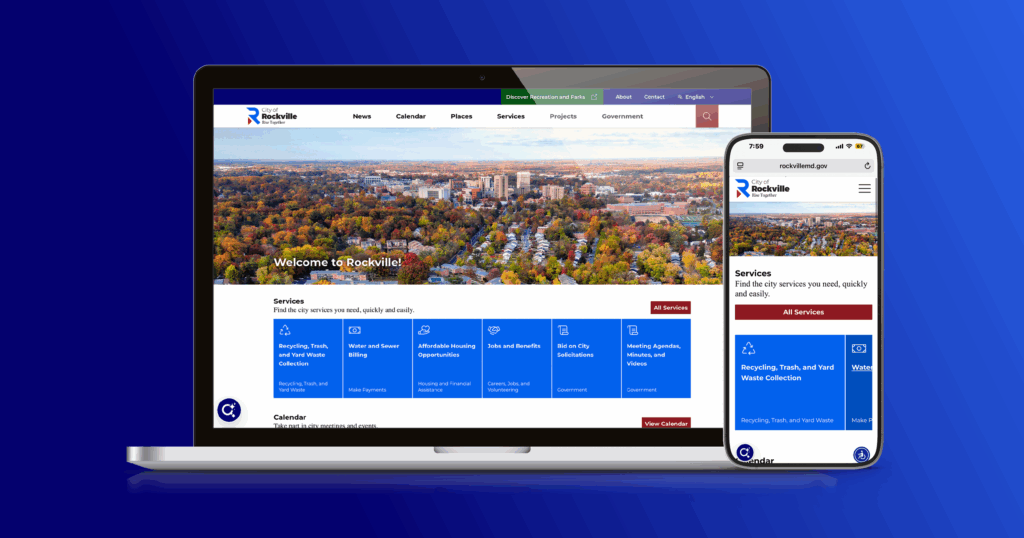 A laptop and smartphone display the City of Rockville website homepage, showing navigation menus, a cityscape image, and service options on a blue gradient background.