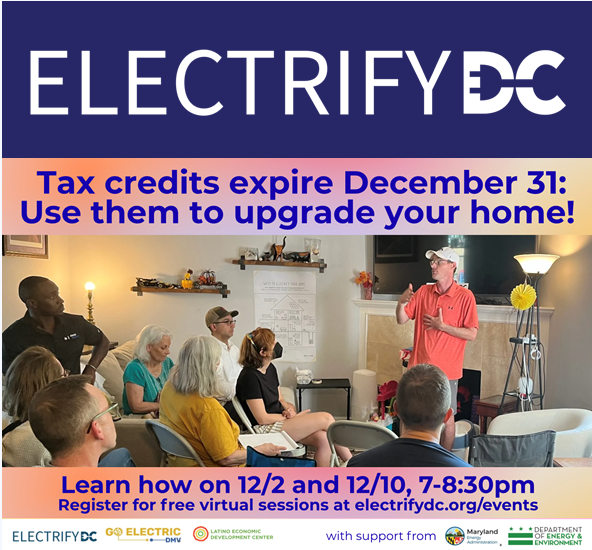 A presenter speaks to a seated group in a classroom. Text promotes using tax credits for home upgrades and advertises free virtual info sessions on December 2 and 10.