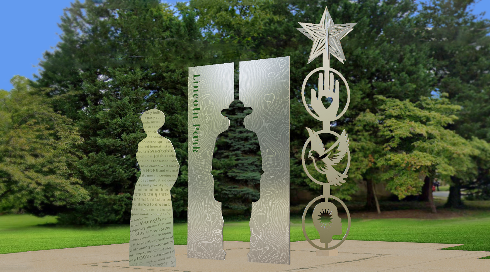 Three stainless steel sculptures stand on a paved area in a park, featuring abstract human silhouettes, engraved text, and symbolic hand and star shapes, with trees in the background.