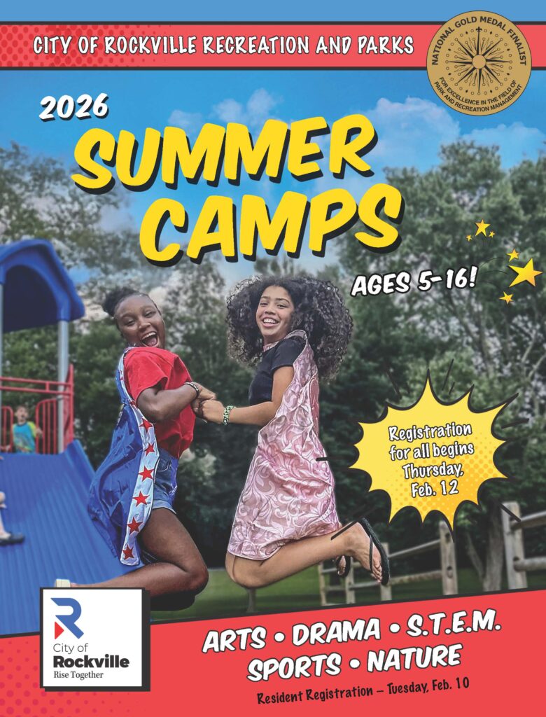 Two girls jump and smile outside on grass in front of a playground. The poster promotes City of Rockville 2026 summer camps for ages 5–16, offering arts, drama, STEM, sports, and nature.