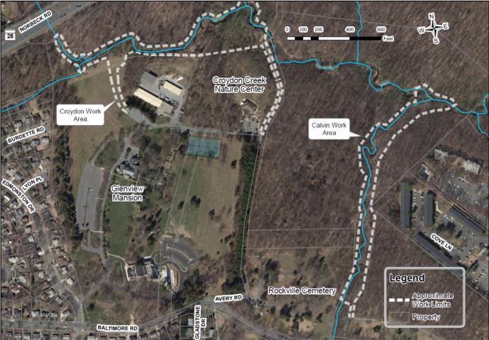 Aerial map showing Croydon Creek Nature Center, Croydon and Calvin work areas, Glenview Mansion, Rockville Cemetery, and surrounding roads and wooded areas. Legend and scale included.