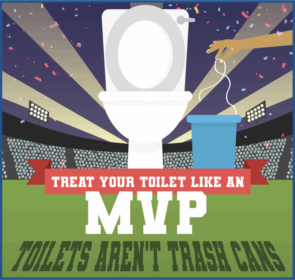 Illustration of a toilet on a sports field with a hand holding a trash bucket. Text reads: "Treat your toilet like an MVP. Toilets aren't trash cans." Confetti and stadium lights in the background.