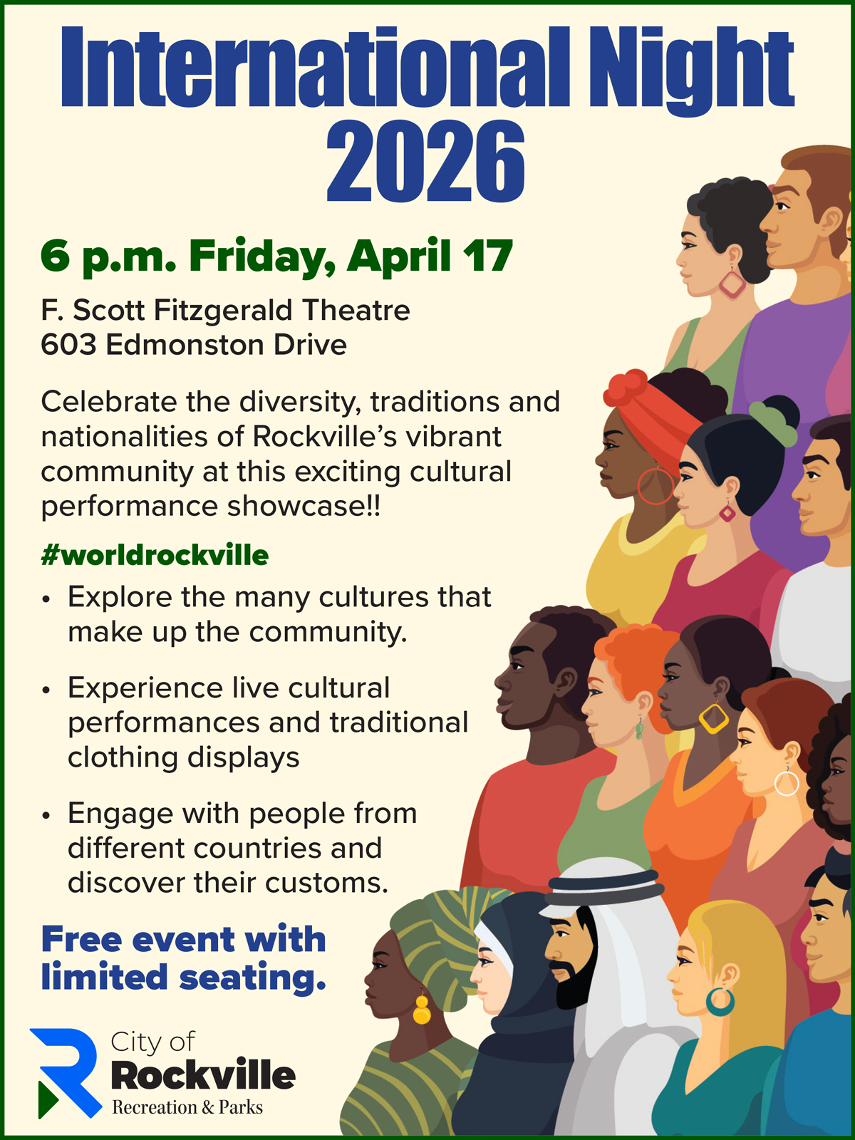 Poster for International Night 2026 in Rockville, featuring diverse illustrated people and event details about cultural performances, displays, and free admission on April 17.