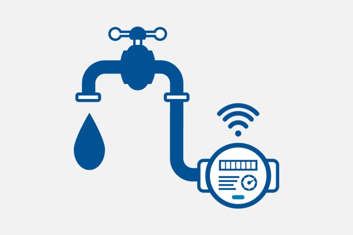 Blue icon of a water faucet with a droplet and a smart water meter showing a wireless signal, representing water usage monitoring.