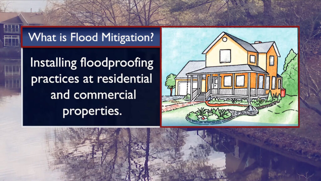 A graphic explains flood mitigation as installing floodproofing practices at residential and commercial properties, with an illustration of a house and background image of a flooded area.