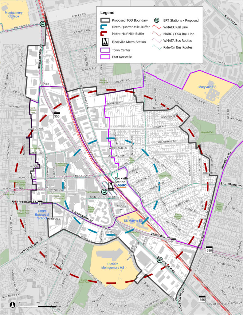 Map of Rockville, Maryland showing proposed transit-oriented development boundaries, bus and rail lines, stations, buffers, and key locations like schools and Town Center, with a detailed legend.