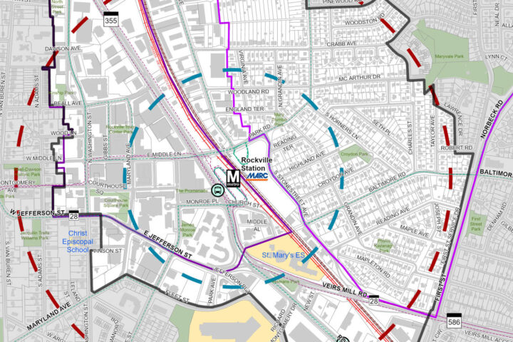 Map of Rockville, Maryland, showing streets, parks, rail lines, and Rockville Station (MARC/Metro), with marked boundaries and nearby landmarks like St. Mary's School and Christ Episcopal School.