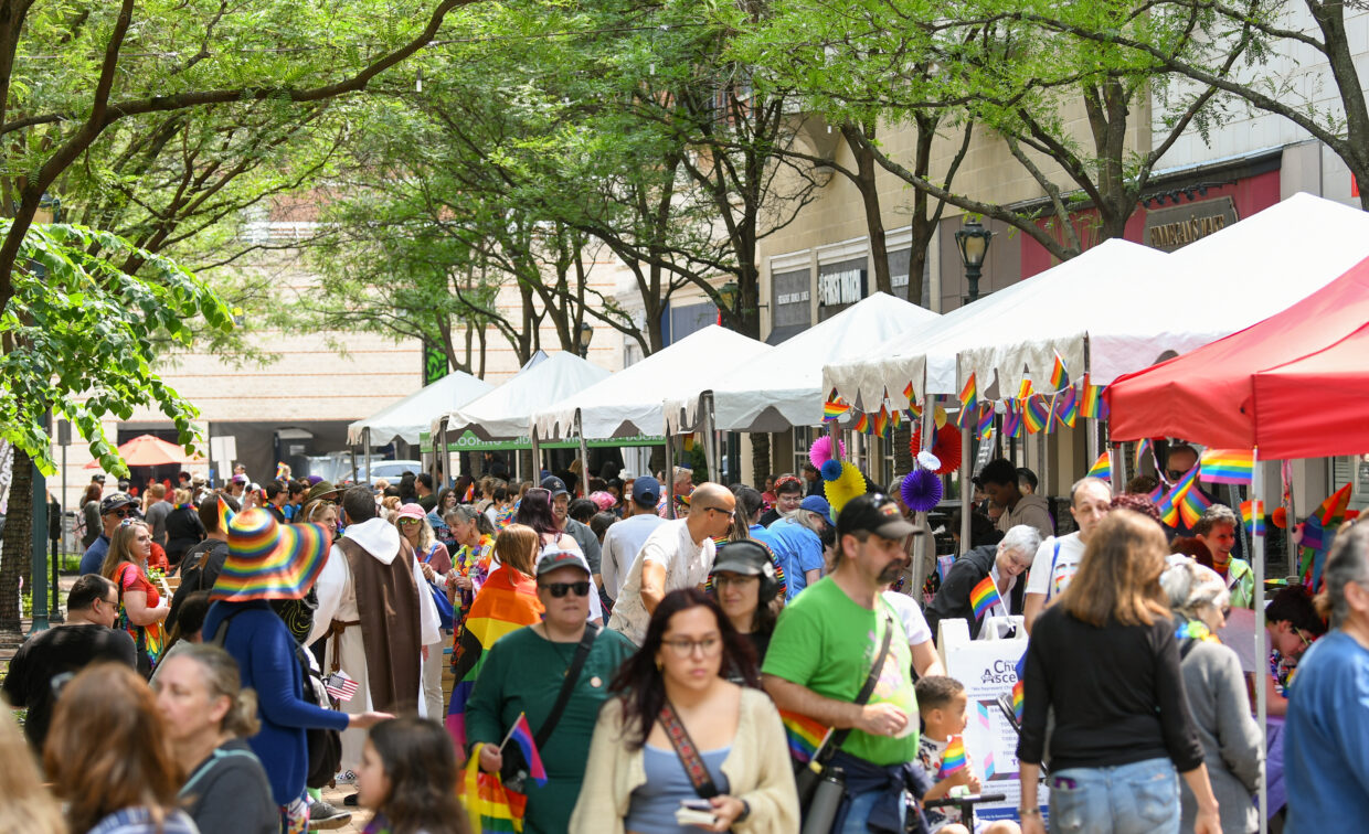 A crowded outdoor festival with people walking among vendor tents decorated with rainbow flags and colorful decorations under leafy trees.