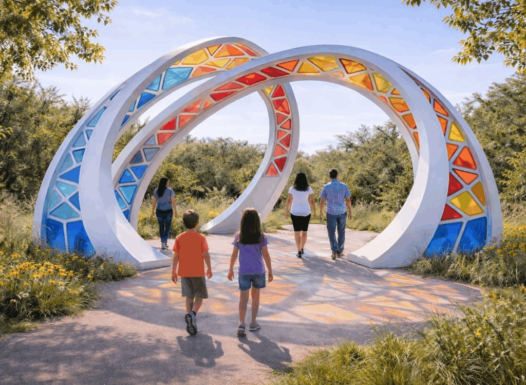 Five people walk toward a large outdoor sculpture featuring three white arches with colorful geometric stained glass, casting vibrant shadows on the paved path.