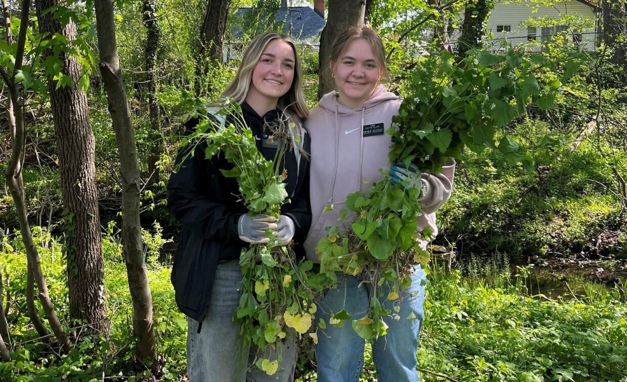 Two people stand outdoors in a wooded area, smiling and holding large bundles of pulled-up plants or weeds.