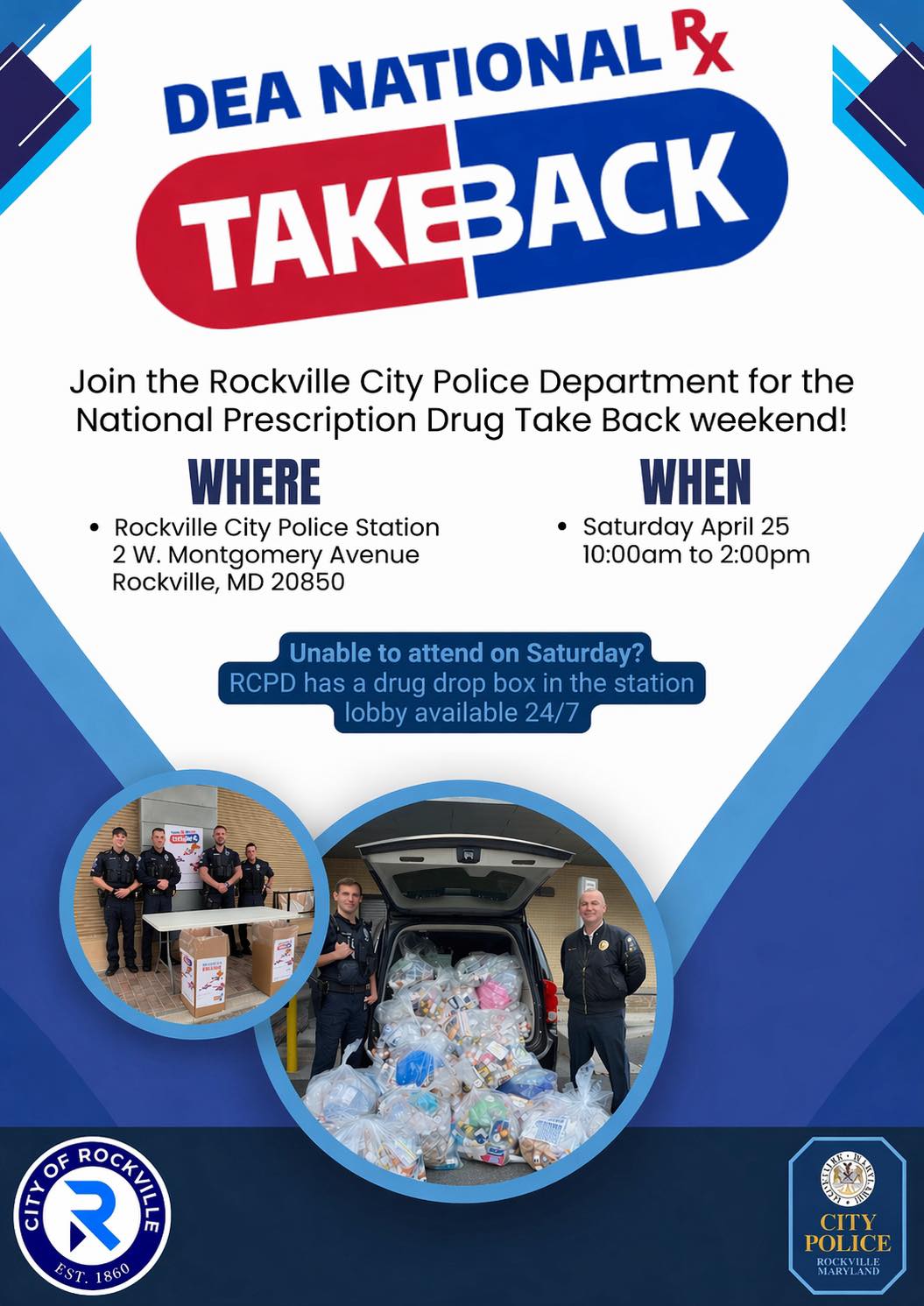 Flyer for DEA National Prescription Drug Take Back event at Rockville City Police Station on Saturday, April 25, 10am–2pm, with drop box info and photos of collected medications.