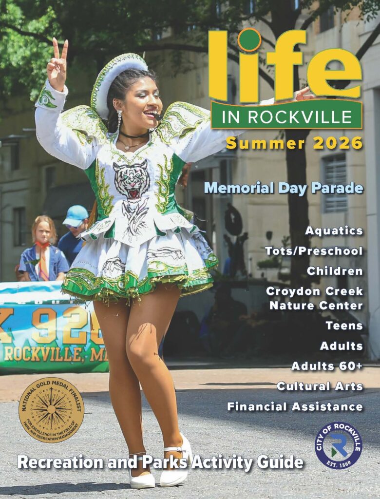 A dancer in festive attire performs at a Memorial Day Parade. Text highlights Rockville’s Summer 2026 events and programs in the Recreation and Parks Activity Guide.