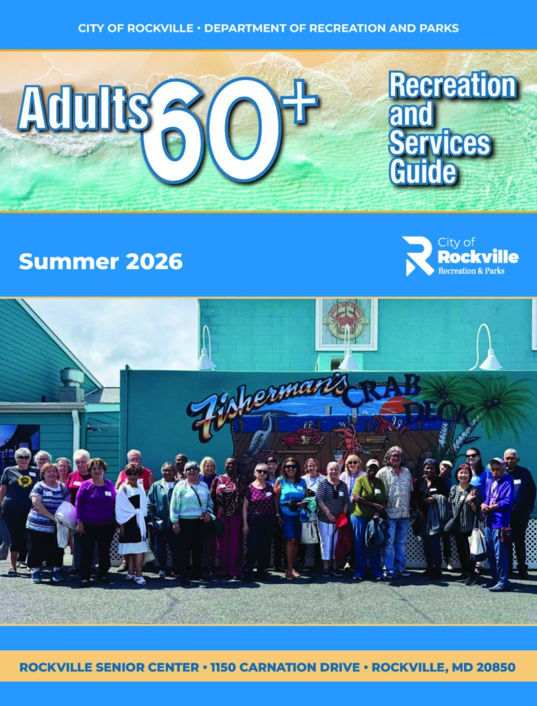 A group of adults pose together outside Fisherman’s Crab Deck. The image is on the cover of the City of Rockville’s Adults 60+ Recreation and Services Guide for Summer 2026.