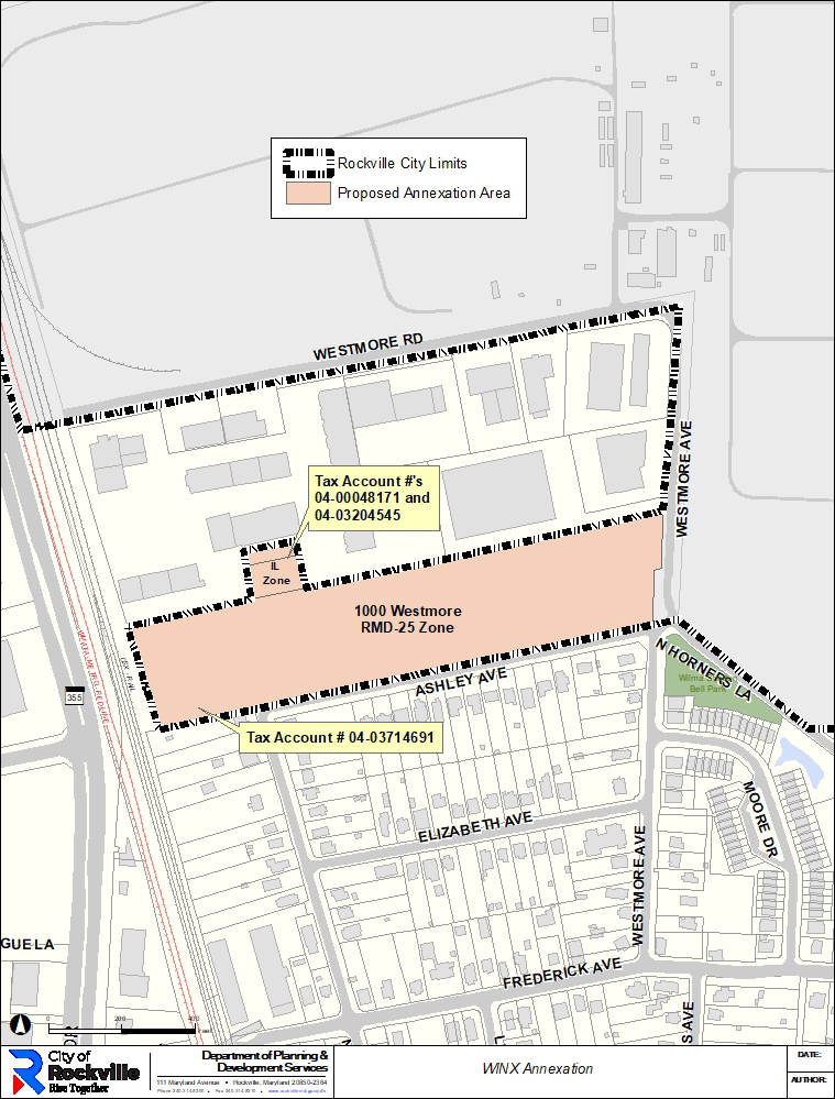 Map showing Rockville city limits, a proposed annexation area along Westmore Ave, and highlighted tax account numbers within the designated zone.