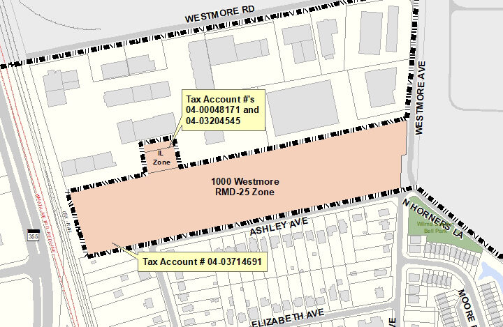 Map highlighting 1000 Westmore in the RMD-25 Zone, with labeled tax account numbers and surrounding streets including Westmore Rd, Ashley Ave, and Hornes Ln.