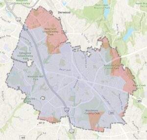 Map showing water service provider boundaries in Rockville, Maryland, with highlighted areas in different colors and labeled streets, parks, and neighborhoods.