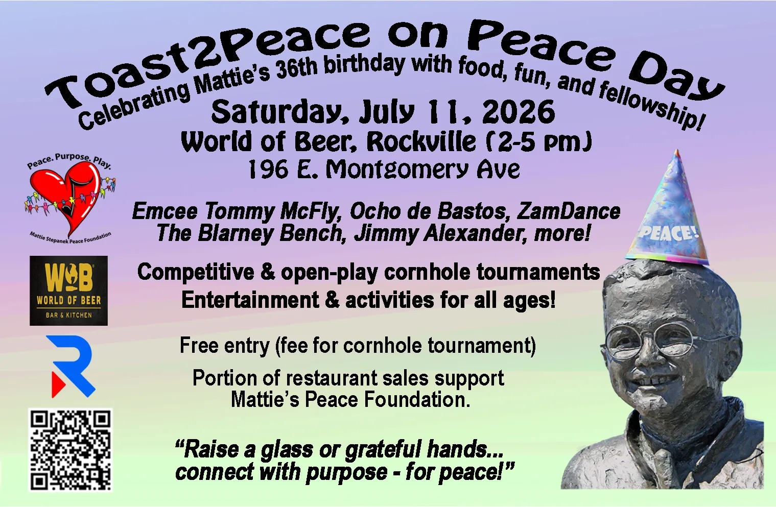 Event flyer for Toast2Peace on Peace Day, July 11, 2026, at World of Beer, Rockville; includes event details, activities, and logos, with a beer glass wearing a party hat.