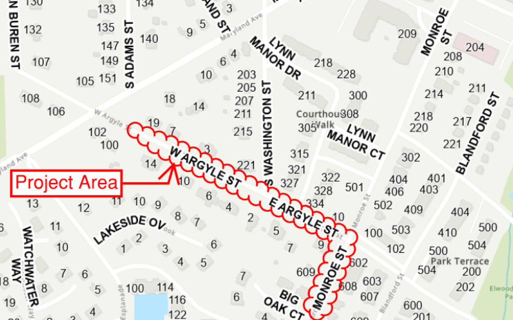 A map highlights the project area on W Argyle St and E Argyle St between Adams St and Monroe St with a red outline. A red box marks “Project Area” with an arrow pointing to the streets.