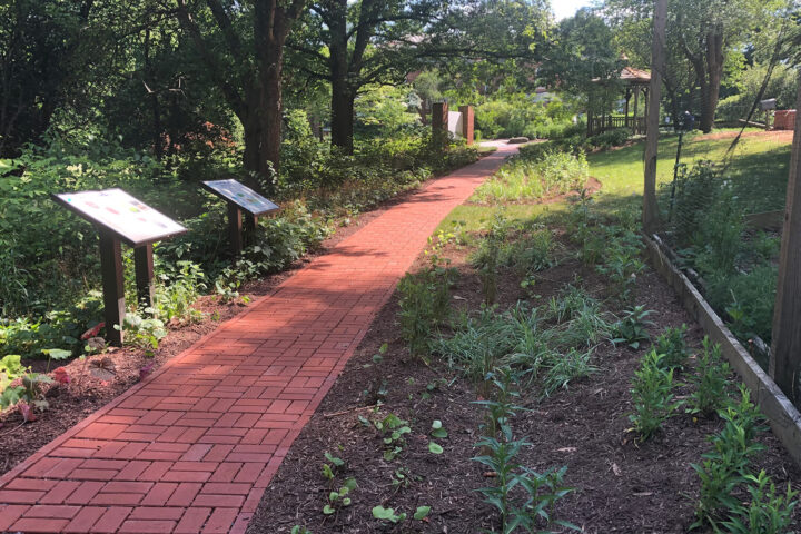 A red brick path curves through a garden with informational signs on the left and various plants on both sides, surrounded by trees and greenery.