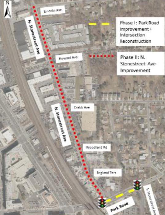 Map showing planned improvements along N. Stonestreet Ave, with Phase I at Park Road intersection and Phase II extending north past Howard Ave, marked by red dashed lines.
